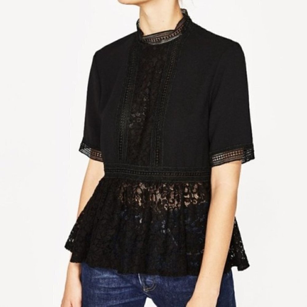 Zara Black Crochet Lace Shortâ Sleeve Top S